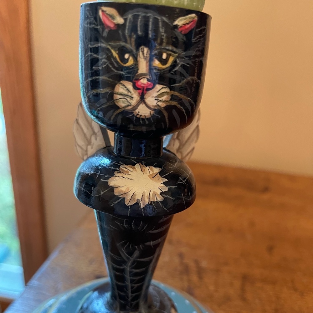 Unique hand-painted Angel Black Cat Candlestick